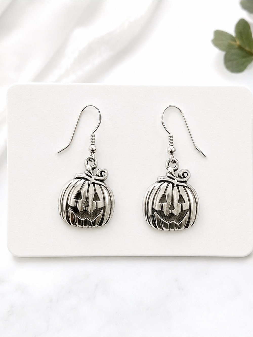 Silver Jack-o'-Lantern Pumpkin Dangle Earrings